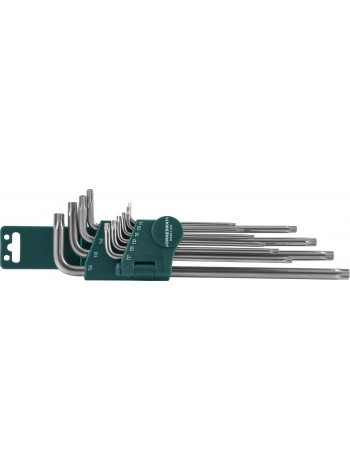 H08S110S JONNESWAY Комплект угловых ключей Torx с центрированным штифтом Extra Long Т9-Т50, S2 материал, 10 предметов