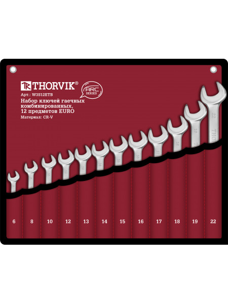 W3S12ETB Thorvik Набор ключей комбинированных в сумке, 6-22 мм, 12 предметов