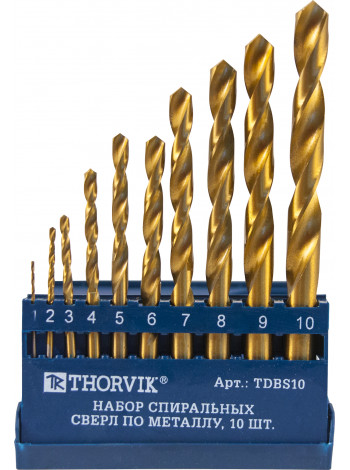 TDBS10 Thorvik Набор спиральных сверл по металлу HSS TiN в пластиковый кейсе, 10 предметов