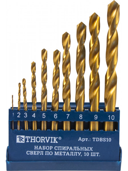 TDBS10 Thorvik Набор спиральных сверл по металлу HSS TiN в пластиковый кейсе, 10 предметов